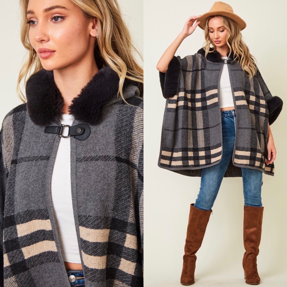Gray & Cream Brushed Plaid Faux Fur Hooded Poncho - Picture 7 of 11